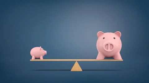 3d rendering of a small piggy bank in side view stands on a wooden seesaw Stock Illustration