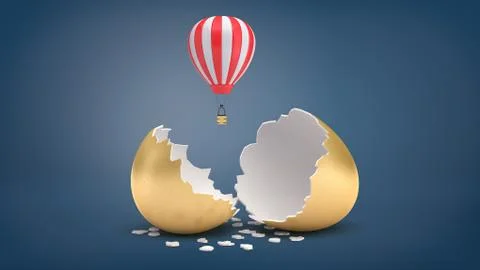 3d rendering of small red and white hot air balloon flies out of a broken golden Stock Illustration