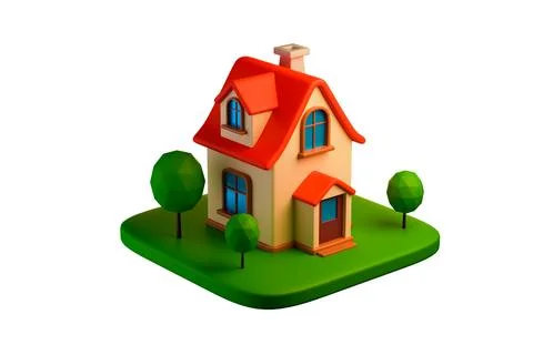 3D rendering of a small red cartoon house with a garden, property concept Ilustración de archivo