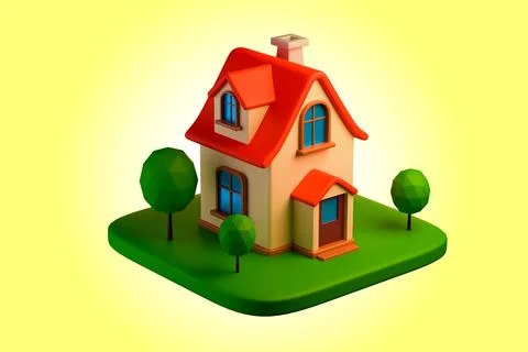 3D rendering of a small red cartoon house with a garden, real estate concept Ilustración de archivo