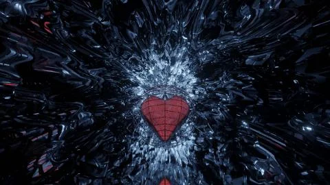 A 3D rendering of a small red heart on a dark background with small white lig Stock Illustration