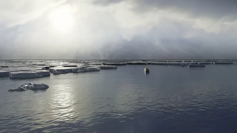 3d Rendering of small research boat sailing near ice patches and icebergs Stock Footage 165455859