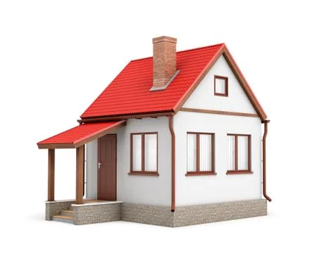 3d rendering of a small residential house with a chimney and a red roof on a Stock Illustration