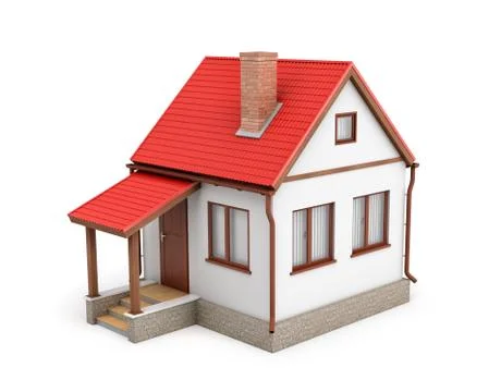 3d rendering of a small residential house with a chimney and a red roof on a Illustrazione stock