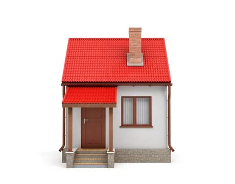 3d rendering of a small residential house with a chimney and a red roof on a Stock Illustration