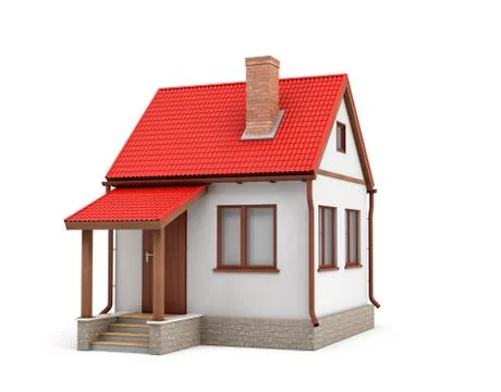 3d rendering of a small residential house with a chimney and a red roof on a Illustration