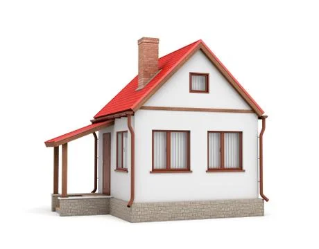 3d rendering of a small residential house with a chimney and a red roof on a Stock Illustration