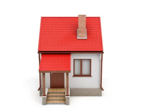 3d rendering of a small residential house with a chimney and a red roof on a Stock Illustration