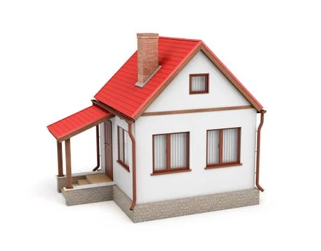 3d rendering of a small residential house with a chimney and a red roof on a Stock Illustration