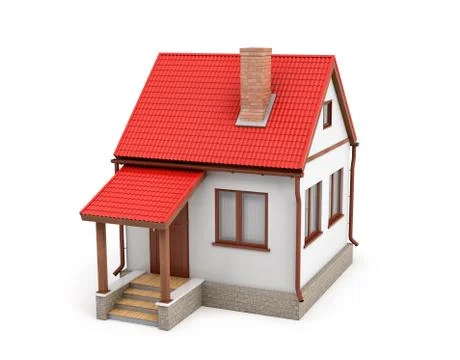 3d rendering of a small residential house with a chimney and a red roof on a Stock Illustration