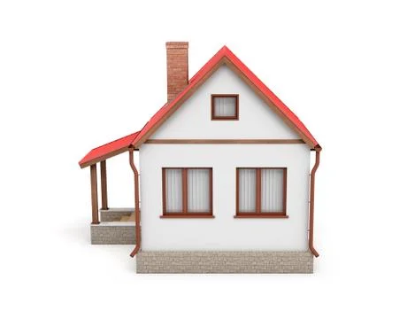 3d rendering of a small residential house with a chimney and a red roof on a Stock Illustration