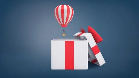 3d rendering of a small striped hot air balloon flying out of a large white gift Stock Illustration
