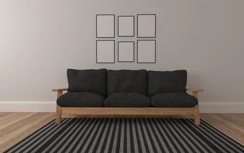 A 3D rendering of a small wooden sofa with black cushions on a striped carpet Illustrazione stock