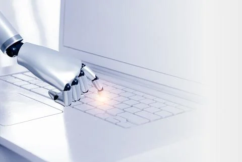 3d rendering smart humanoid robot's hand touching finger on empty key on mo.. Stock Illustration
