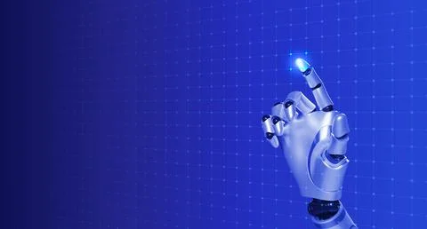 3d rendering smart humanoid robot's hand touching finger on square pixel on.. Stock Illustration