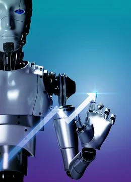 3d rendering smart robot draws rising arrow on growth graph on blue backgro.. Stock Illustration