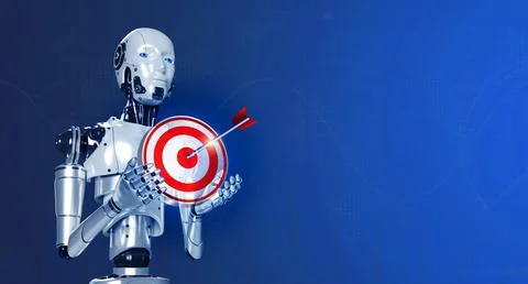 3d rendering smart robot showing virtual red business target icon, holding .. Fotos de archivo