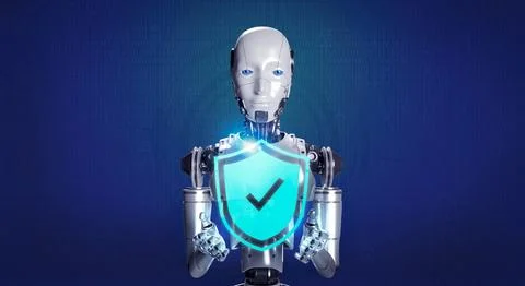3d rendering smart robot showing virtual protection shield icon, holding by.. Stock Photos