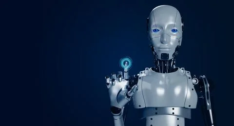 3d rendering smart robot touching finger with glowing on virtual digital bu.. Stock Illustration