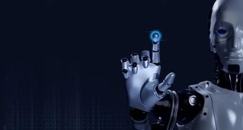 3d rendering smart robot touching finger with glowing on virtual digital bu.. Stock Illustration