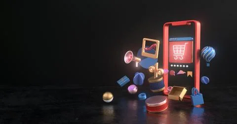 3d rendering of smartphone and Cart icons. Stock Illustration