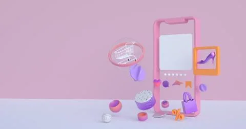 3d rendering of smartphone and shopping cart. Stock Illustration