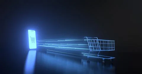 3d rendering of smartphone and shopping cart. Stock Illustration