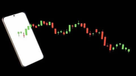 A 3d rendering of smartphone displays a live candlestick stock chart. Stock Illustration