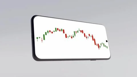 A 3d rendering of smartphone displays a live candlestick stock chart Stock Illustration