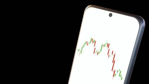 A 3d rendering of smartphone displays a live candlestick stock chart Stock Illustration