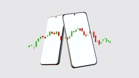 A 3d rendering of smartphone displays a live candlestick stock chart. Stockillustratie