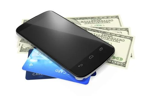 3d rendering of a smartphone, dollar notes and credit cards for mobile payment Stock Illustration