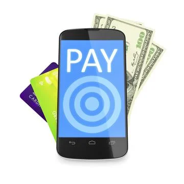 3d rendering of a smartphone, dollar notes and credit cards for mobile payment Stock Illustration