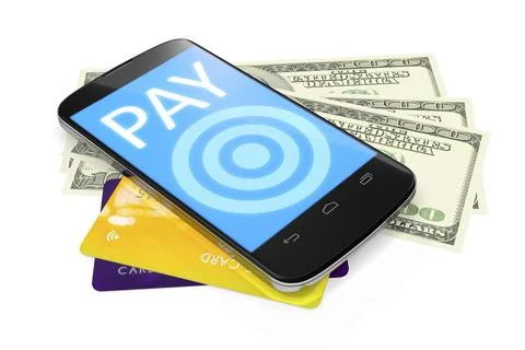 3d rendering of a smartphone, dollar notes and credit cards for mobile payment Stock Illustration