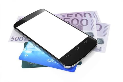 3d rendering of a smartphone, euro notes and credit cards for mobile payment Stock Illustration