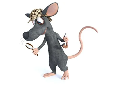 3D rendering of a smiling cartoon detective mouse holding magnifying glass. Stock Illustration