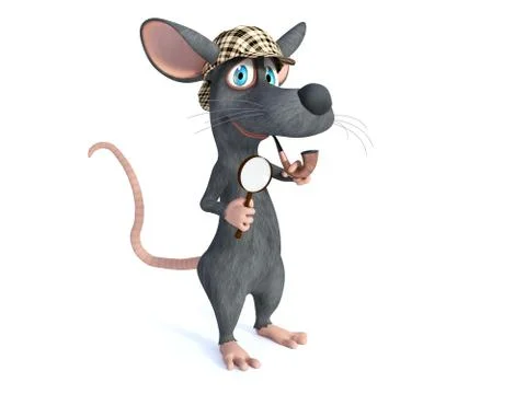 3D rendering of a smiling cartoon detective mouse holding magnifying glass. Stock Illustration