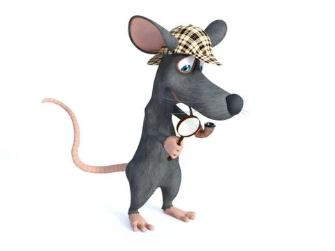3D rendering of a smiling cartoon detective mouse holding magnifying glass. Stock Illustration