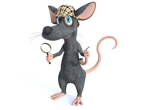 3D rendering of a smiling cartoon detective mouse holding magnifying glass. Stock Illustration