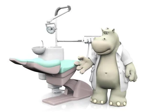 3D rendering of a smiling cartoon hippo dentist showing dental chair. Stock-Illustration