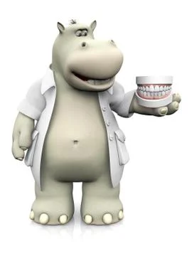 3D rendering of a smiling cartoon hippo dentist holding false teeth. Stock Illustration