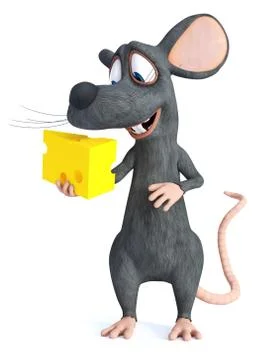 3D rendering of a smiling cartoon mouse holding cheese. Stock Illustration