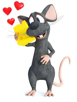 3D rendering of a smiling cartoon mouse holding cheese. Stock Illustration
