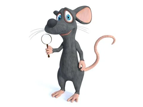 3D rendering of a smiling cartoon mouse holding magnifying glass. Stock Illustration