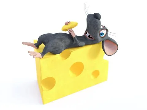 3D rendering of a smiling cartoon mouse lying on cheese. Stock Illustration