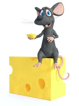 3D rendering of a smiling cartoon mouse sitting on cheese. Stock Illustration