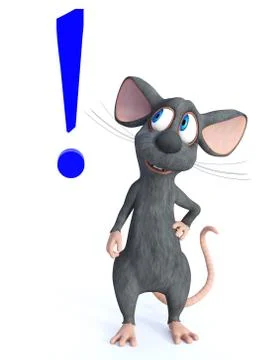 3D rendering of a smiling cartoon mouse with exclamation mark. Stock Illustration