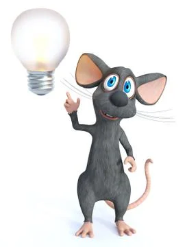 3D rendering of a smiling cartoon mouse with light bulb. Stock Illustration
