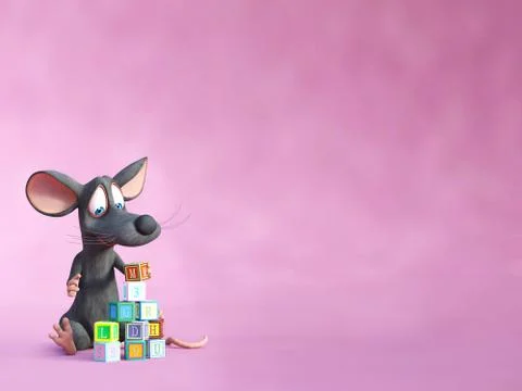 3D rendering of a smiling cartoon mouse playing with toy blocks. Stock Illustration