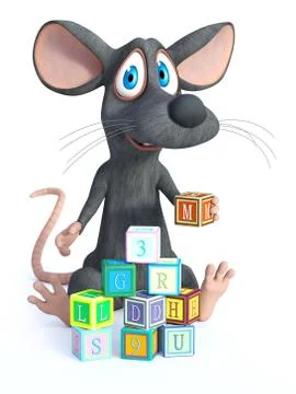 3D rendering of a smiling cartoon mouse playing with toy blocks. Stock Illustration